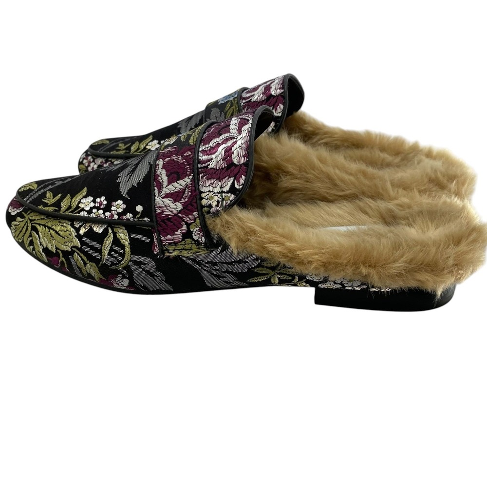 Steve Madden Kanden Floral Tapestry Faux Fur Lined Mules Black Multi Loafers 9